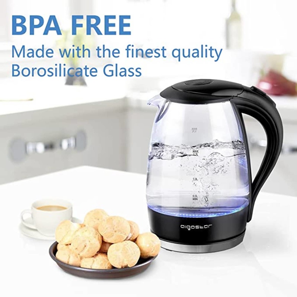 Aigostar Electric Kettle, 1.7L. Borosilicate Glass, Auto Shutoff, Cordless